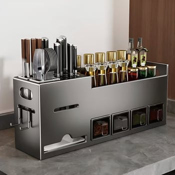 Κουζίνας επιτοίχιο ράφι από ανοξείδωτο ατσάλι για μπαχαρικά με θήκη για μαχαίρια και chopsticks — χωρίς διάτρηση