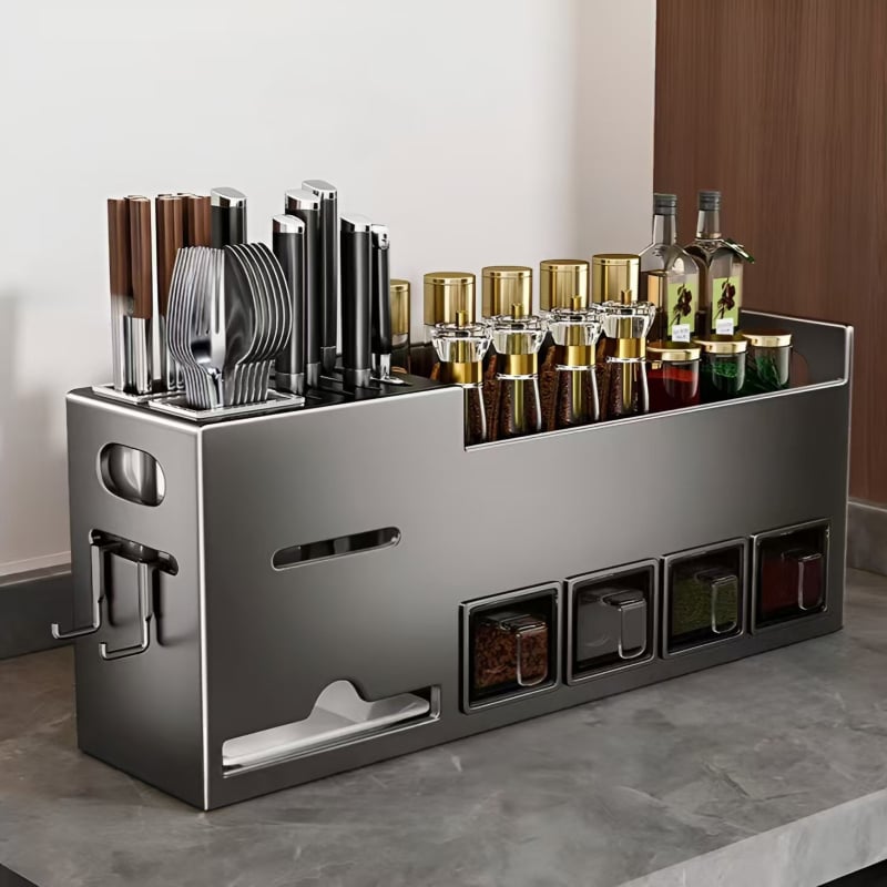 Κουζίνας επιτοίχιο ράφι από ανοξείδωτο ατσάλι για μπαχαρικά με θήκη για μαχαίρια και chopsticks — χωρίς διάτρηση