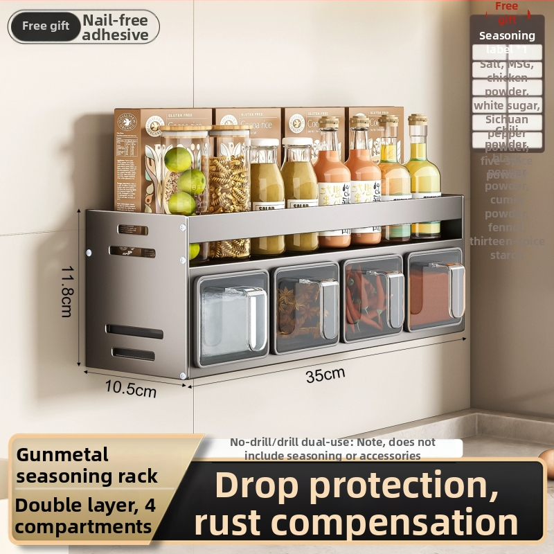 Nástenný stojan na koreniny, bez vŕtania, hliníkový Space Aluminum materiál, viacfunkčné skladovanie soli a korenín