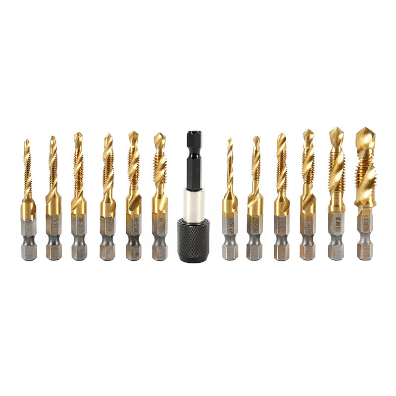 Set de 13 piese pentru găurire și filetare, cu ax hexagonal, oțel rapid, în cutie din plastic