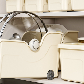 Görgős konyhai edénytároló kosár — összecsukható, többfunkciós, műanyag, fedők, fűszerek, evőeszközök és vágódeszkák számára