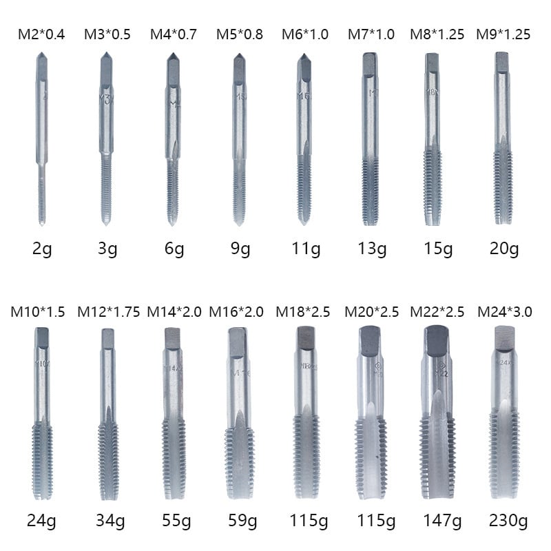 Hand taps set, metric coarse-thread, straight-flute, M3–M12, hardened and ground for through-hole tapping