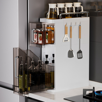 Konyhai fűszerespolc, Többszintes asztali tároló olajhoz, sóhoz, szószhoz és ecethez, mozgatható, szerelés nélkül, műanyag