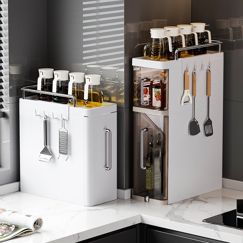 Konyhai fűszerespolc, Többszintes asztali tároló olajhoz, sóhoz, szószhoz és ecethez, mozgatható, szerelés nélkül, műanyag