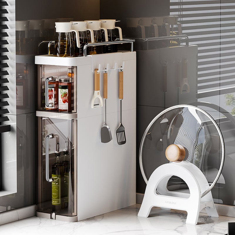 Konyhai fűszerespolc, Többszintes asztali tároló olajhoz, sóhoz, szószhoz és ecethez, mozgatható, szerelés nélkül, műanyag