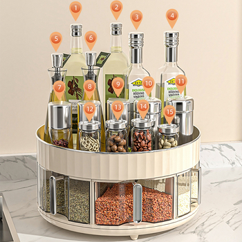 Stalak za začine na stolnu površinu, okretni, s integriranim višekanalnim spremnikom, plastični materijal, za bočice ulja, soli i octa