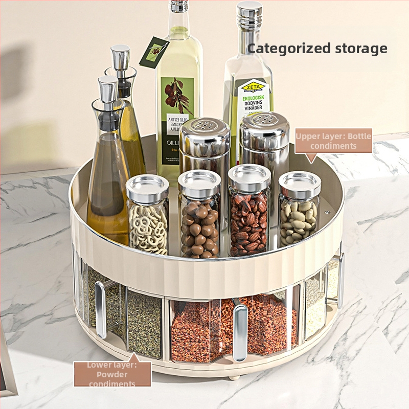 Stojan na korenie na stol, otáčací, s integrovaným viacpriehradovým úložiskom, z plastu, vhodný pre fľaše oleja, soli a octu