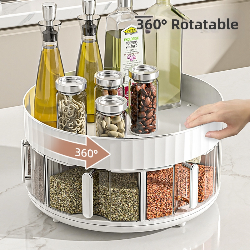 Stojan na korenie na stol, otáčací, s integrovaným viacpriehradovým úložiskom, z plastu, vhodný pre fľaše oleja, soli a octu