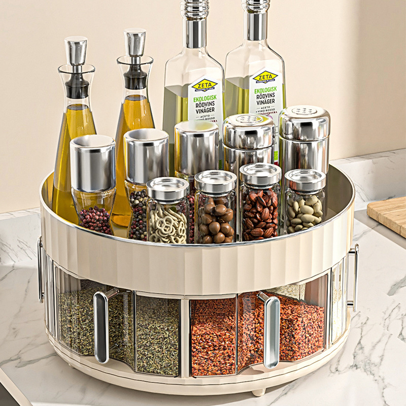Stalak za začine na stolnu površinu, okretni, s integriranim višekanalnim spremnikom, plastični materijal, za bočice ulja, soli i octa