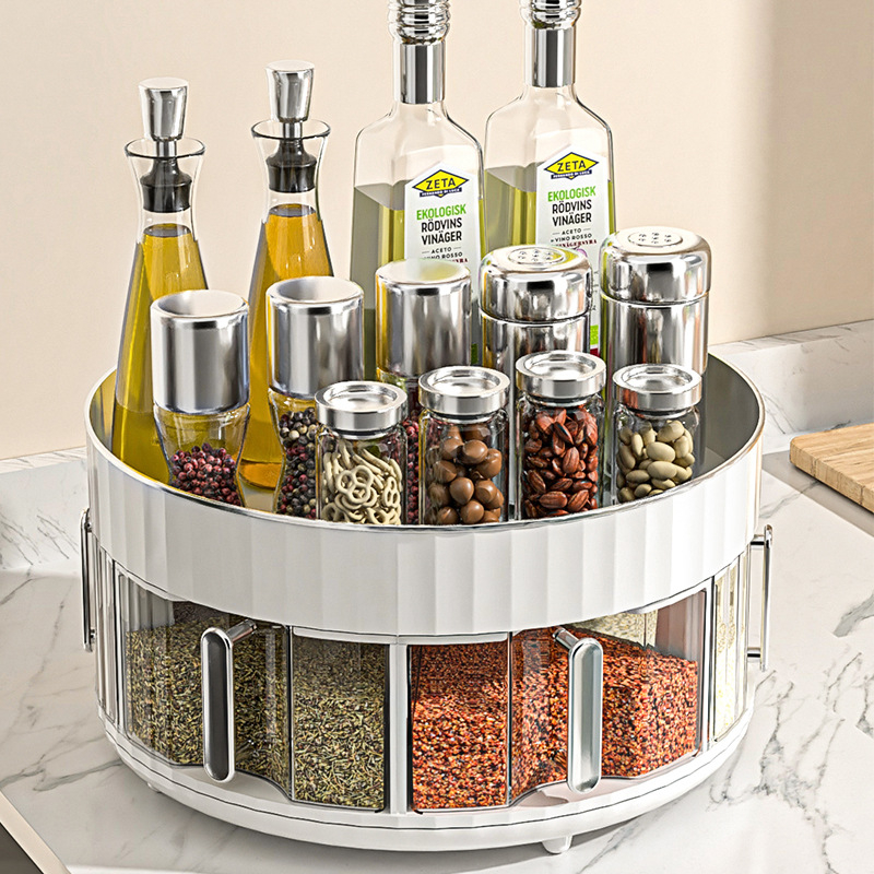 Stalak za začine na stolnu površinu, okretni, s integriranim višekanalnim spremnikom, plastični materijal, za bočice ulja, soli i octa