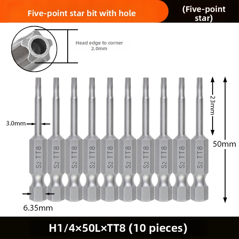 Magnetický bit do skrutkovača, S2 zliatina ocele, hlava Plum Blossom, 3-10 mm, TT8-TT40