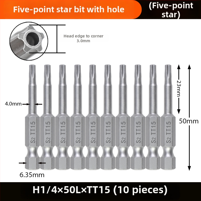 Magnetický bit do skrutkovača, S2 zliatina ocele, hlava Plum Blossom, 3-10 mm, TT8-TT40