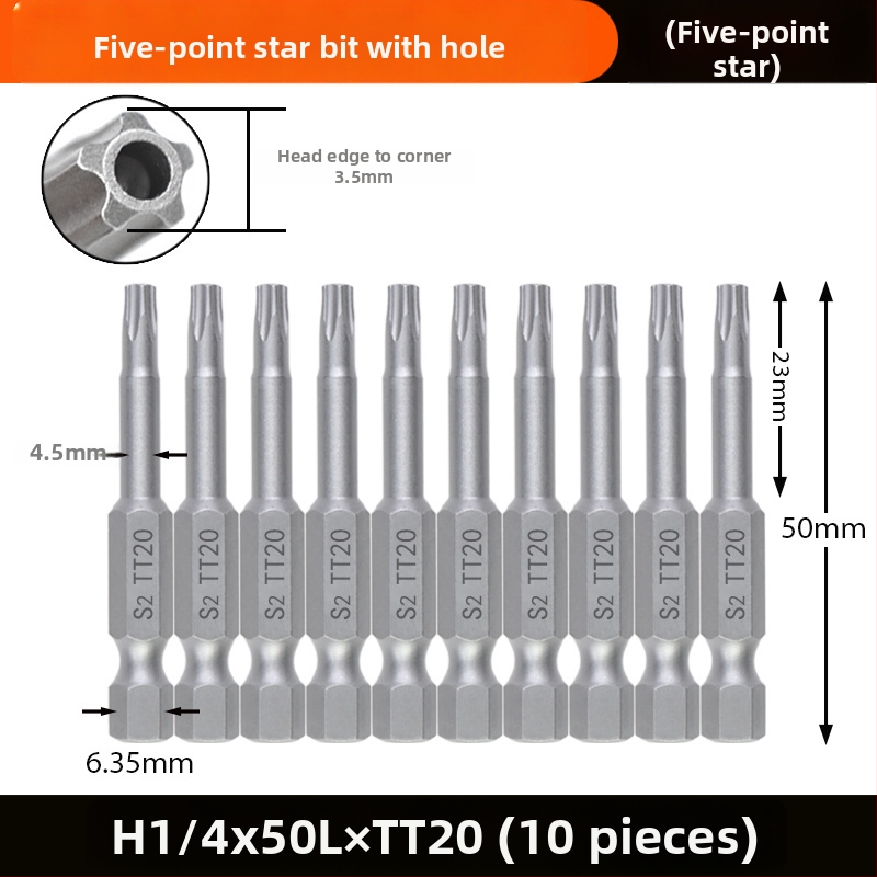 Magnetický bit do skrutkovača, S2 zliatina ocele, hlava Plum Blossom, 3-10 mm, TT8-TT40