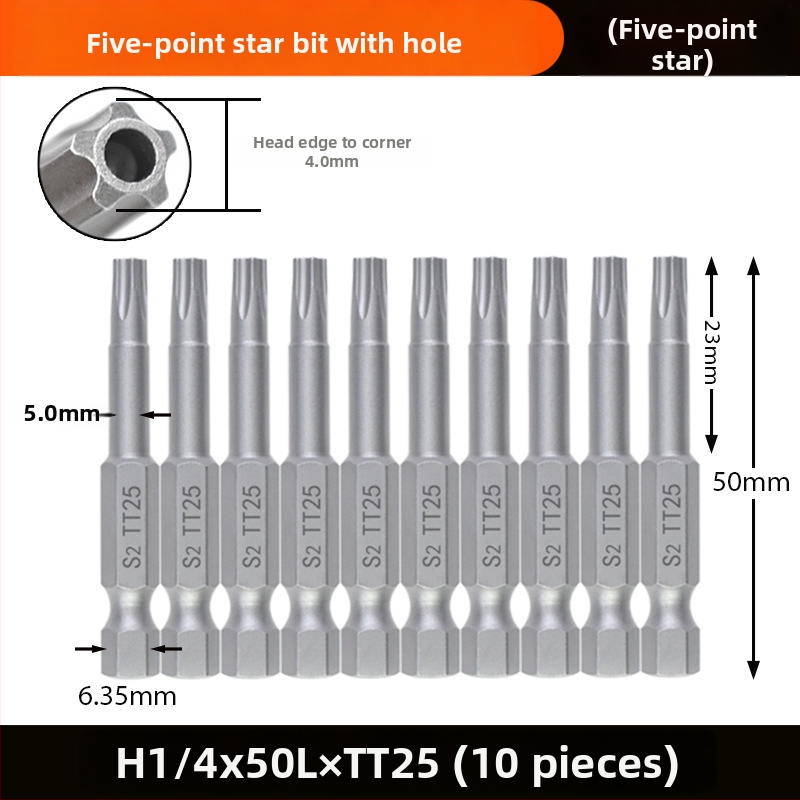 Magnetický bit do skrutkovača, S2 zliatina ocele, hlava Plum Blossom, 3-10 mm, TT8-TT40