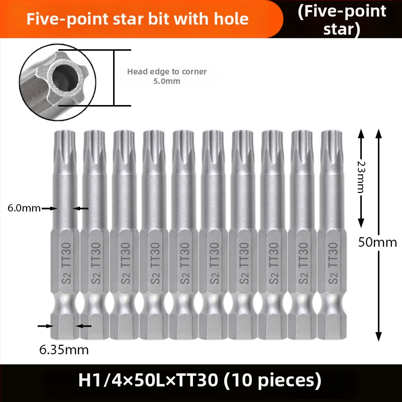 Magnetický bit do skrutkovača, S2 zliatina ocele, hlava Plum Blossom, 3-10 mm, TT8-TT40