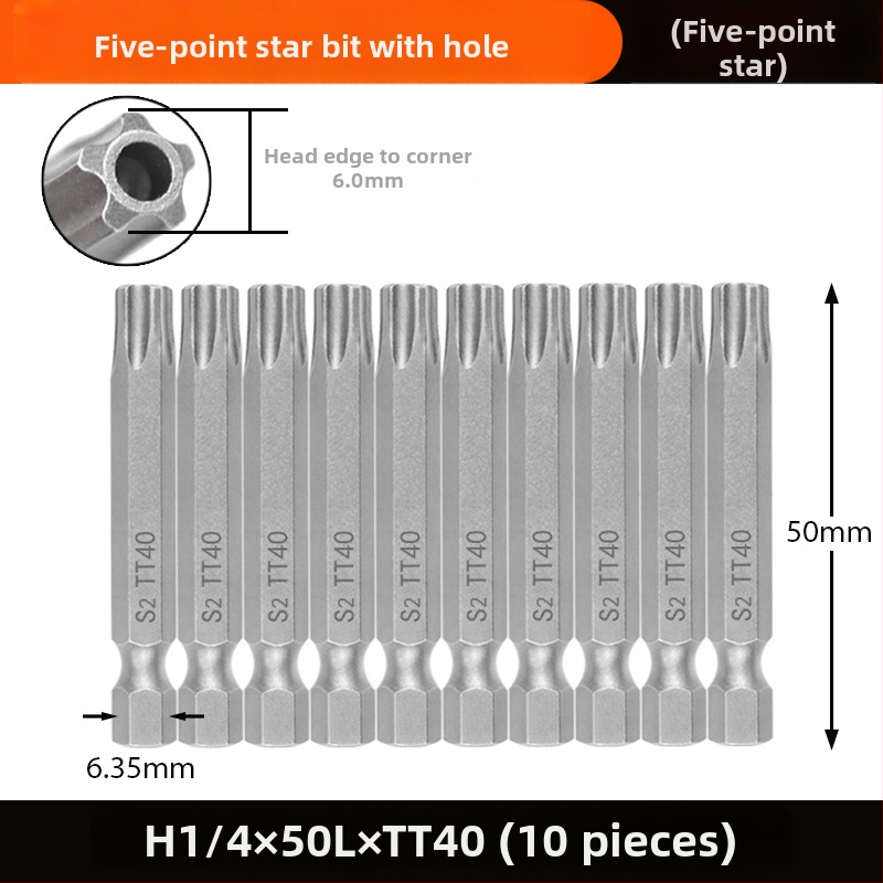 Magnetický bit do skrutkovača, S2 zliatina ocele, hlava Plum Blossom, 3-10 mm, TT8-TT40