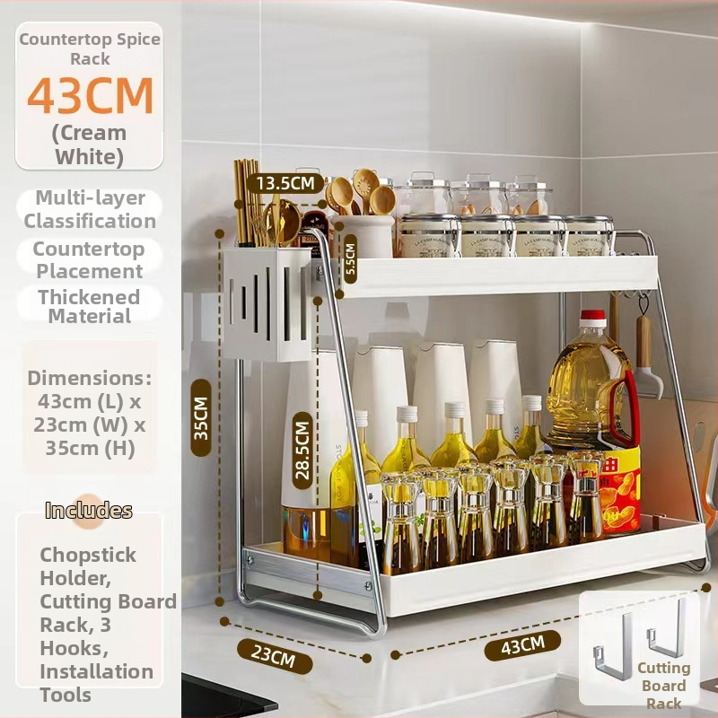 Nerezová oceľová polička na korenie do kuchyne, dvojposchodová, na pracovnú dosku, montáž bez vŕtania