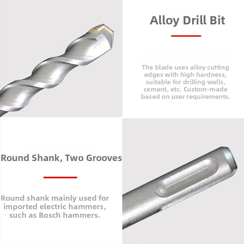 Elektrický kladivový vrt – Hibiscus Impact; guľatá hlava, cez stenu dizajn, guľatý hriadeľ s dvoma drážkami; materiál 40Cr+YG8C; vhodný pre betón, tehlu, kameň, granit; hmotnosť 50–1550 g