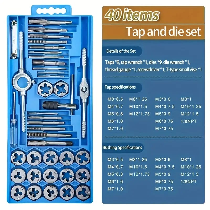 Hazat 40 τεμάχια Tap and Die σετ από carbon steel, με κρατήρα Tap Wrench