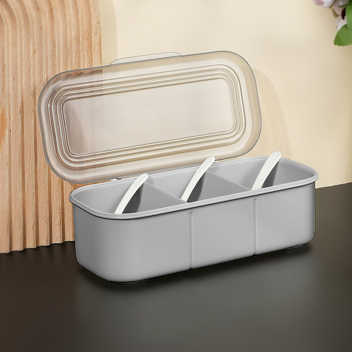 Cutie pentru condimente din plastic, în stil japonez minimalist, cu linguriță, borcan transparent pentru sare cu mai multe compartimente și capac, pentru uz casnic