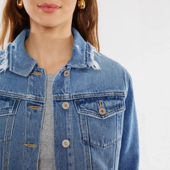 Női farmerdzseki, karcsú szabás, hosszú ujjú, polo gallér, pamut 95%+, rövid hosszúságú