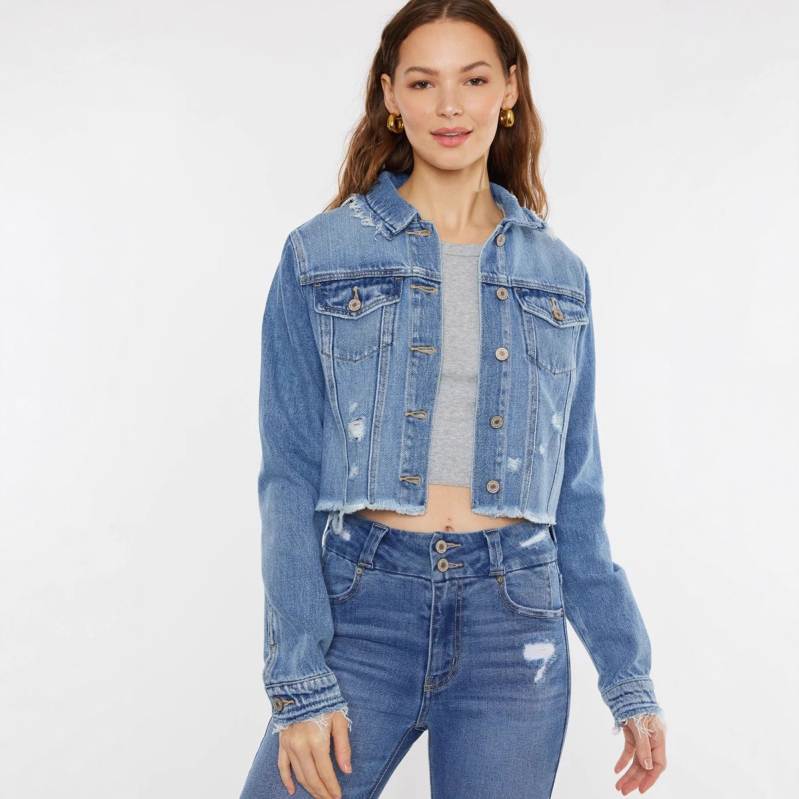 Női farmerdzseki, karcsú szabás, hosszú ujjú, polo gallér, pamut 95%+, rövid hosszúságú