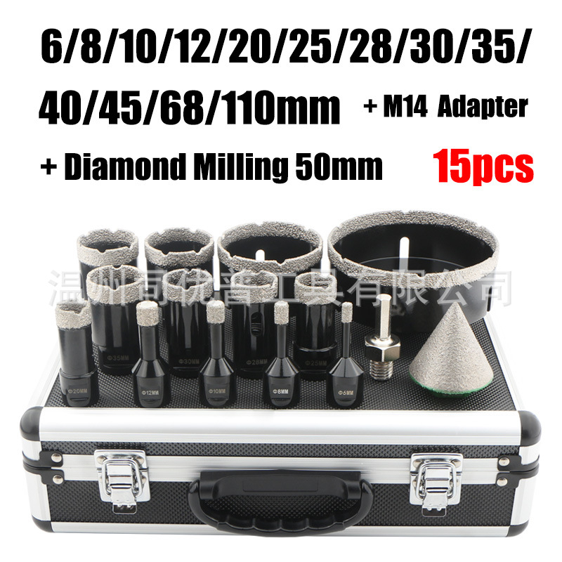 Set od 15 dijamantnih bušilica M14 za bušenje rupa, 6–110 mm, za keramiku i marmur