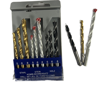 9 darabos spirálfúró készlet egyenes befogóval vas, cement és fa fúráshoz – kevert készlet asztalosmunkához