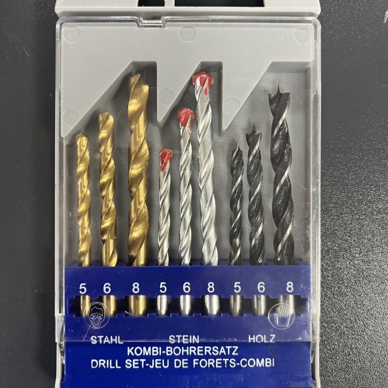 9 darabos spirálfúró készlet egyenes befogóval vas, cement és fa fúráshoz – kevert készlet asztalosmunkához