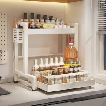 Raft de condimente pentru bucătărie, glisant, cu două etaje, din oțel carbon, montaj fără găuri