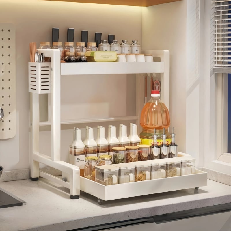 Raft de condimente pentru bucătărie, glisant, cu două etaje, din oțel carbon, montaj fără găuri