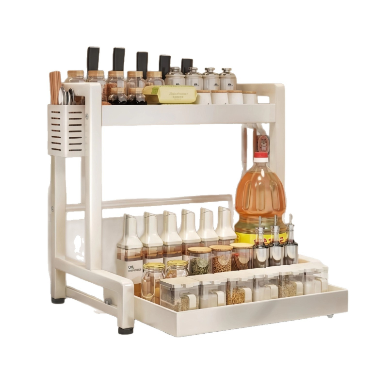 Raft de condimente pentru bucătărie, glisant, cu două etaje, din oțel carbon, montaj fără găuri