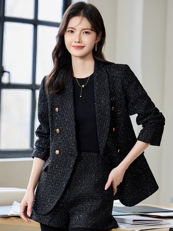 Női Chanel-stílusú blézeres kosztüm, karcsú szabás, dupla gombsor, zakó gallér, hosszú ujjú, poliészter-elasztán keverék