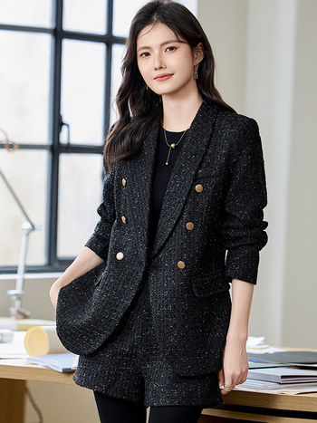 Női Chanel-stílusú blézeres kosztüm, karcsú szabás, dupla gombsor, zakó gallér, hosszú ujjú, poliészter-elasztán keverék