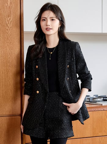 Női Chanel-stílusú blézeres kosztüm, karcsú szabás, dupla gombsor, zakó gallér, hosszú ujjú, poliészter-elasztán keverék