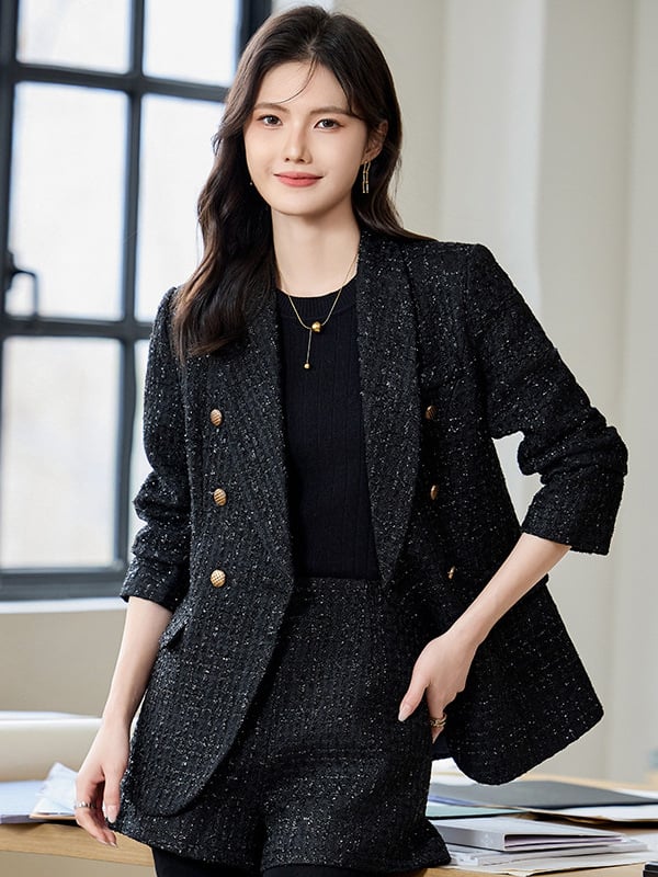 Női Chanel-stílusú blézeres kosztüm, karcsú szabás, dupla gombsor, zakó gallér, hosszú ujjú, poliészter-elasztán keverék