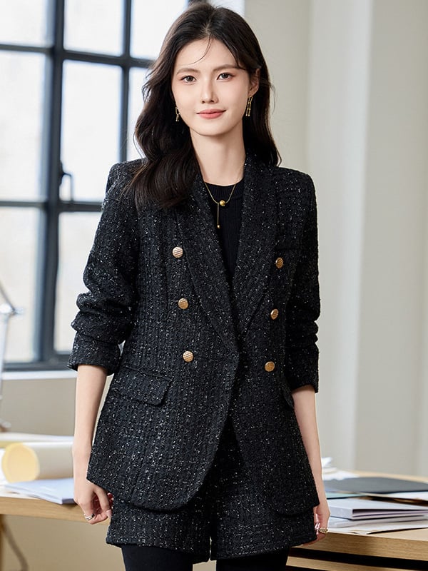 Női Chanel-stílusú blézeres kosztüm, karcsú szabás, dupla gombsor, zakó gallér, hosszú ujjú, poliészter-elasztán keverék