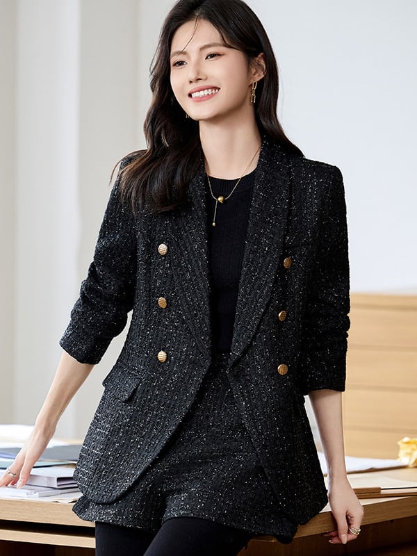 Női Chanel-stílusú blézeres kosztüm, karcsú szabás, dupla gombsor, zakó gallér, hosszú ujjú, poliészter-elasztán keverék