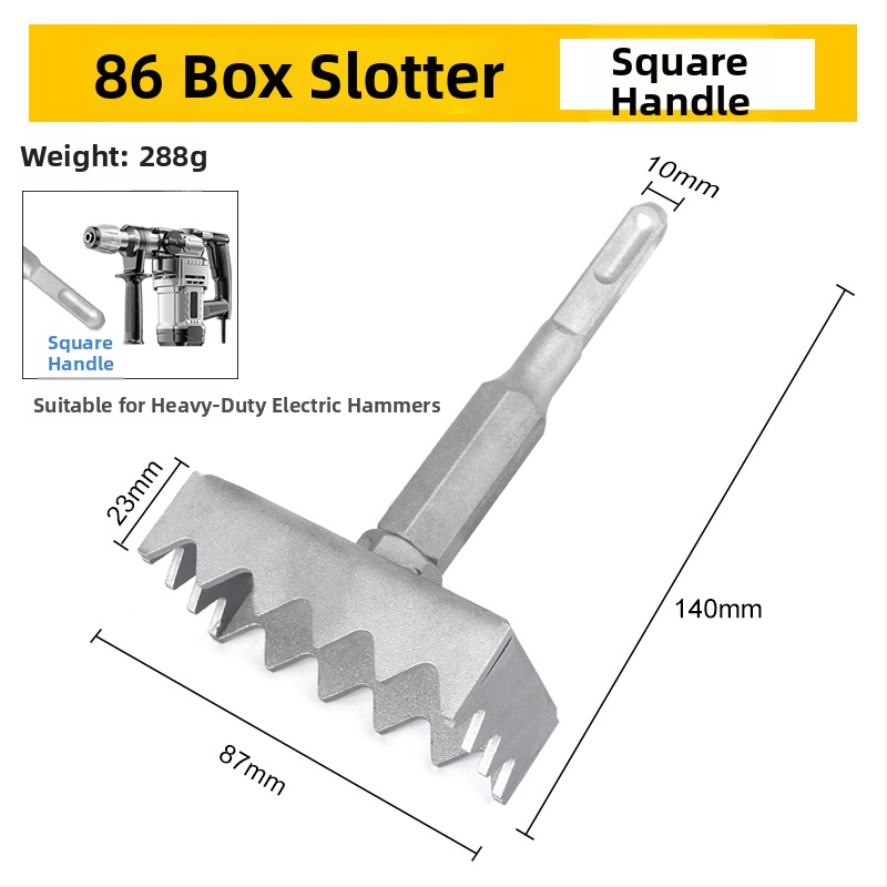 Nástroj na vyrezávanie štvorcových otvorov do steny pre 86 elektrických krabičiek, so štvorhranou rukoväťou a odolnou vrtkou.