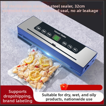 Kućna vakuumska mašina za pakiranje, potpuno automatska, tijelo od ABS+nerđajućeg čelika; širina zatvaranja 6 mm; snaga 110 W; napon ~100 V; kapacitet 1501-2000 ml; ugrađen rezač; sterilizacija ljubičastim svjetlom.