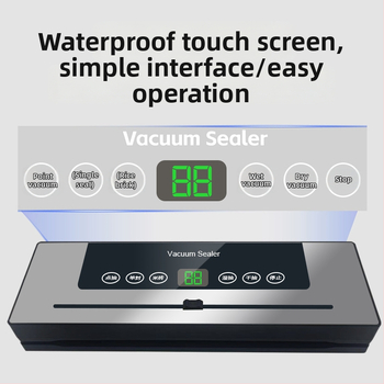 Kućna vakuumska mašina za pakiranje, potpuno automatska, tijelo od ABS+nerđajućeg čelika; širina zatvaranja 6 mm; snaga 110 W; napon ~100 V; kapacitet 1501-2000 ml; ugrađen rezač; sterilizacija ljubičastim svjetlom.