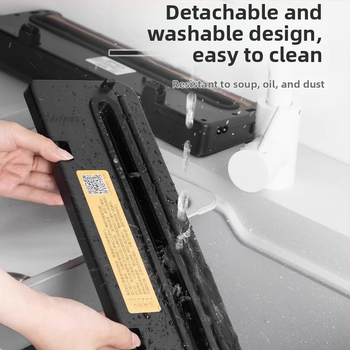 Kućna vakuumska mašina za pakiranje, potpuno automatska, tijelo od ABS+nerđajućeg čelika; širina zatvaranja 6 mm; snaga 110 W; napon ~100 V; kapacitet 1501-2000 ml; ugrađen rezač; sterilizacija ljubičastim svjetlom.