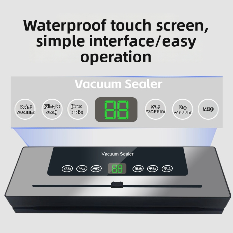 Kućna vakuumska mašina za pakiranje, potpuno automatska, tijelo od ABS+nerđajućeg čelika; širina zatvaranja 6 mm; snaga 110 W; napon ~100 V; kapacitet 1501-2000 ml; ugrađen rezač; sterilizacija ljubičastim svjetlom.