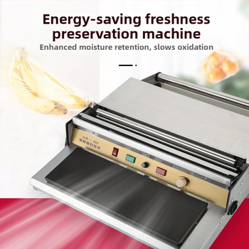 Stroj na uzatváranie a krájanie fólie pre ovocie a zeleninu, ručné ovládanie, šírka uzatvárania 45 cm, teplotná regulácia 50–130°C, vhodný pre ovocie, zeleninu a mäso