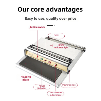 Stroj na uzatváranie a krájanie fólie pre ovocie a zeleninu, ručné ovládanie, šírka uzatvárania 45 cm, teplotná regulácia 50–130°C, vhodný pre ovocie, zeleninu a mäso