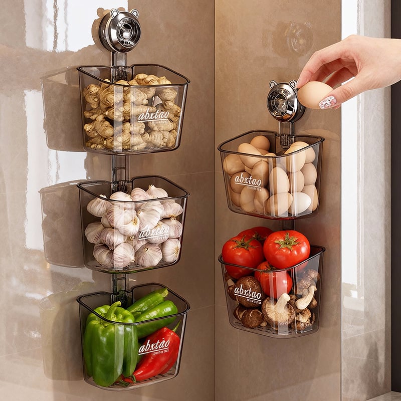 ABS falra szerelhető tároló hagymához, gyömbérhez és fokhagymához — konyhai rendező