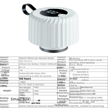 Vákuový zavaľovač pre Mason poháre USB napájanie, ABS púzdro, 5W, 3.7V, kapacita 500–1000 ml