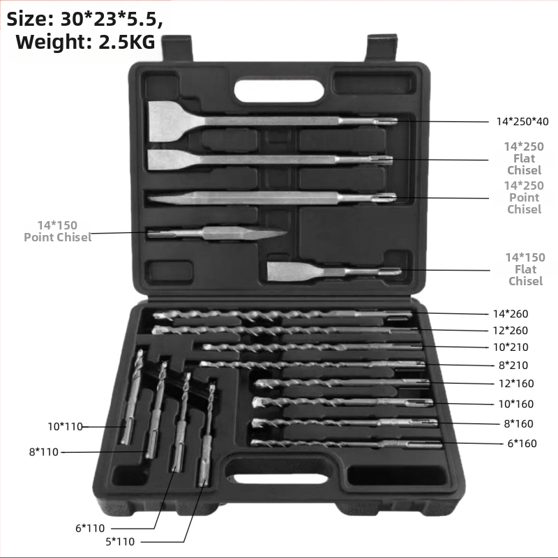 Elektromos ütvefúró és véső készlet betonhoz — szénacél fúrófejek, 2600 g, beton/fal/kő/talaj számára