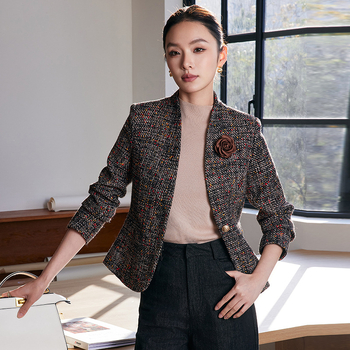 Női rövid gyapjú kabát, gallér nélkül, egygombos záródás, hosszú ujjú, ingázó stílus, őszi 2024