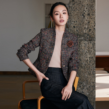 Női rövid gyapjú kabát, gallér nélkül, egygombos záródás, hosszú ujjú, ingázó stílus, őszi 2024